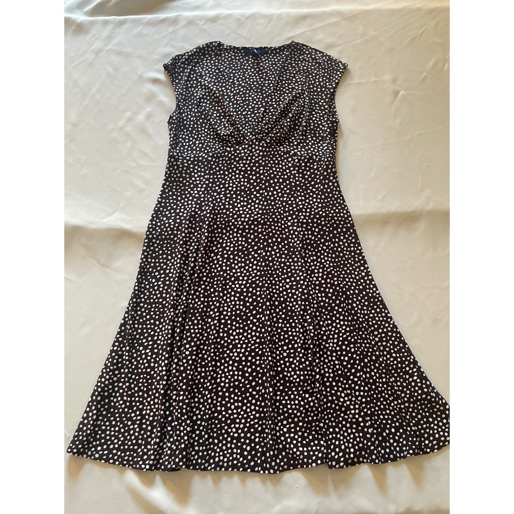 Chaps Brown Dot Print Fit & Flare Dress Size Large V-Neck Stretch - Picture 5 of 11